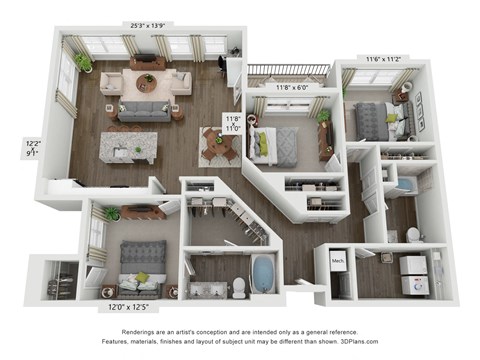 Floor plan for 3 beds, 2 baths, 1529 sqft